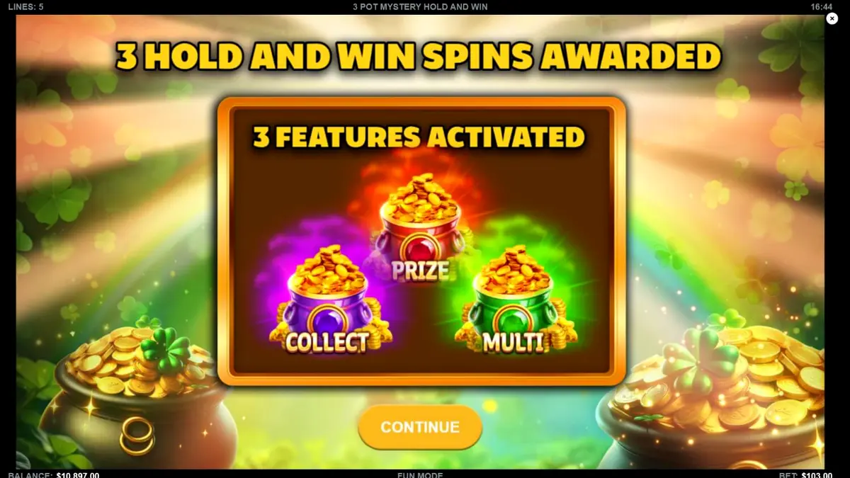 Tampilan visual slot 3 Pot Mystery Hold and Win dengan simbol emas yang berkilau