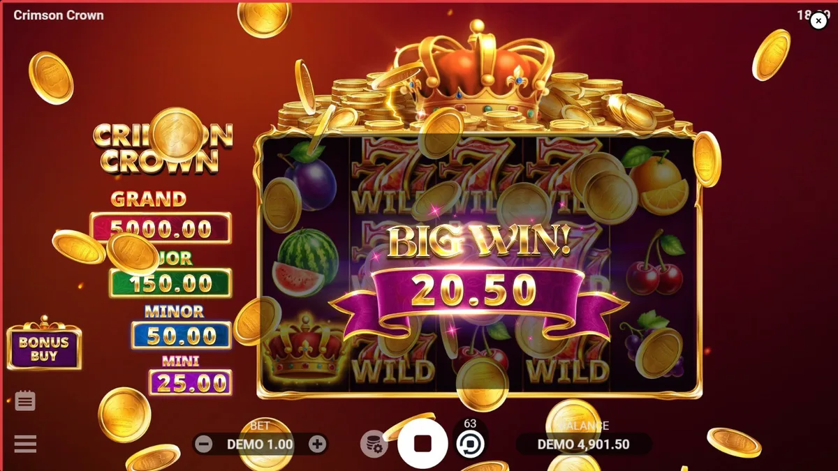 Tampilan antarmuka mobile slot Crimson Crown dengan tema buah mewah
